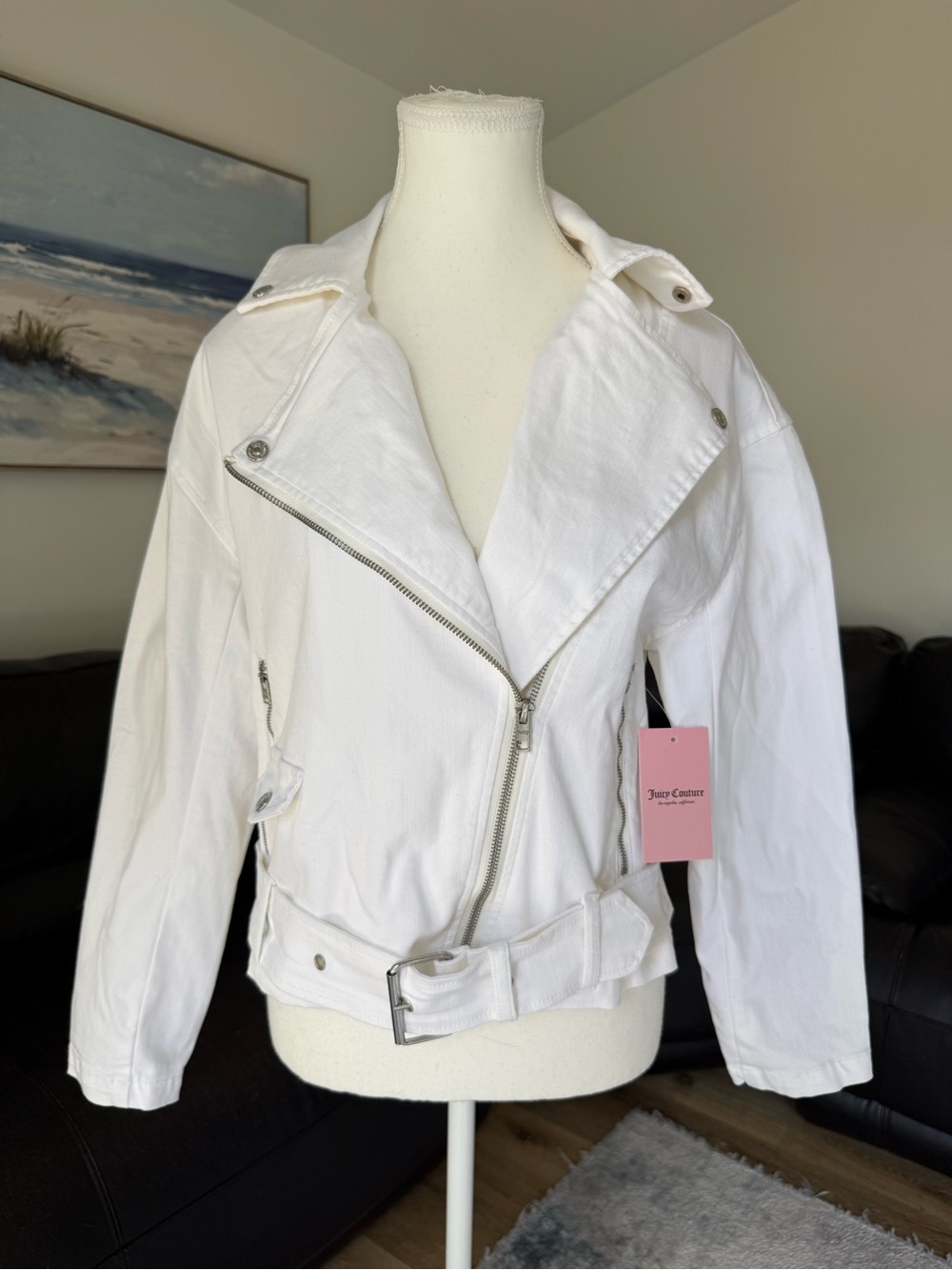 Juicy Couture NWT White Denim Moto Biker Jacket Belted Silver Hardware Womens S